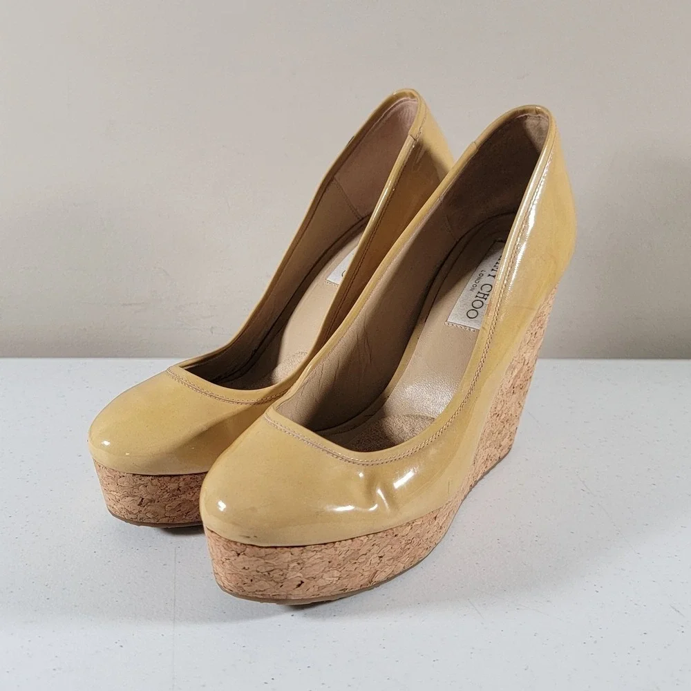 Jimmy Choo Papina Womens 9.5 Patent Leather Cork Wedge Platform High Heels Shoes - Picture 1 of 11